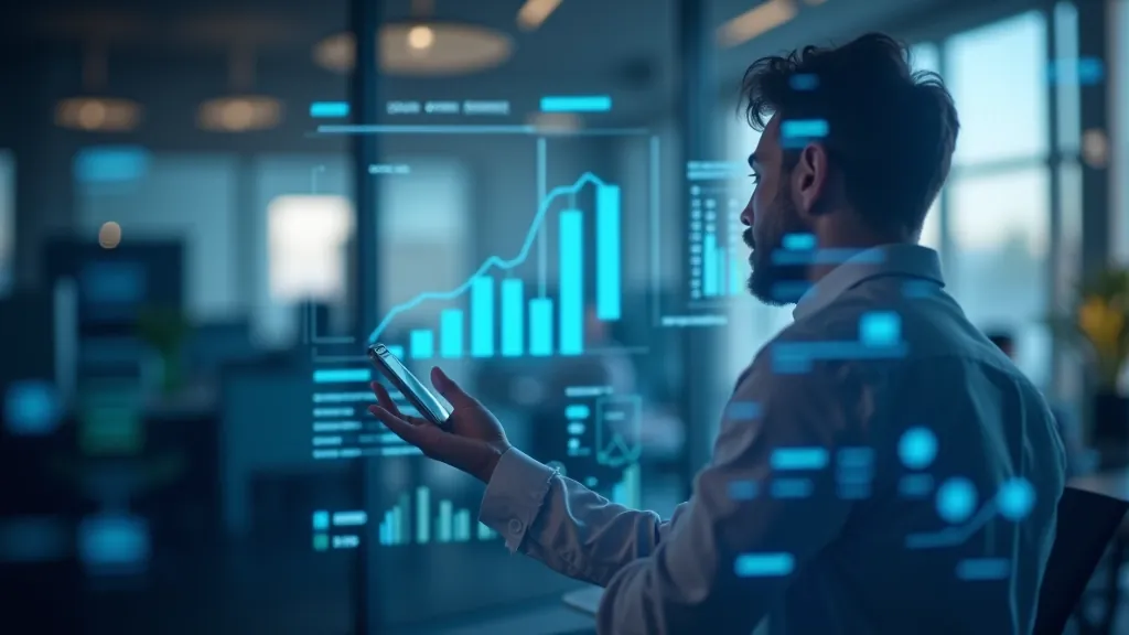 Biznesa analītiķis ar grafiem un diagrammām uz interaktīvā displeja planē nākotnes stratēģiju
