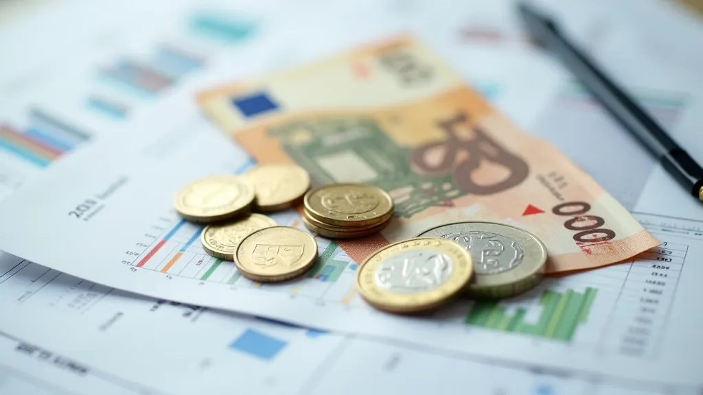 Eiro monētas un banknotes uz finanšu dokumentiem un ekonomikas grafikiem