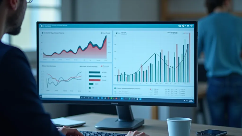 Ekonomikas diagrammas un grafiki uz datora ekrāna, finanšu dati reālajā laikā