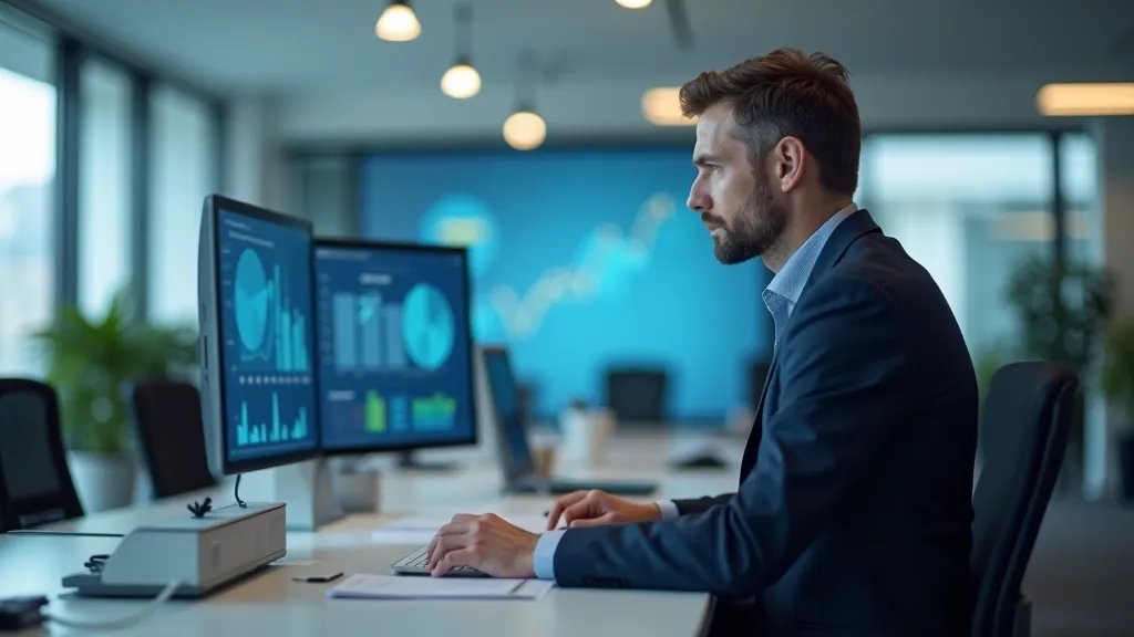 Finanšu regulatora biroja vadītāja analizē banku datus un statistiku pie liela monitora